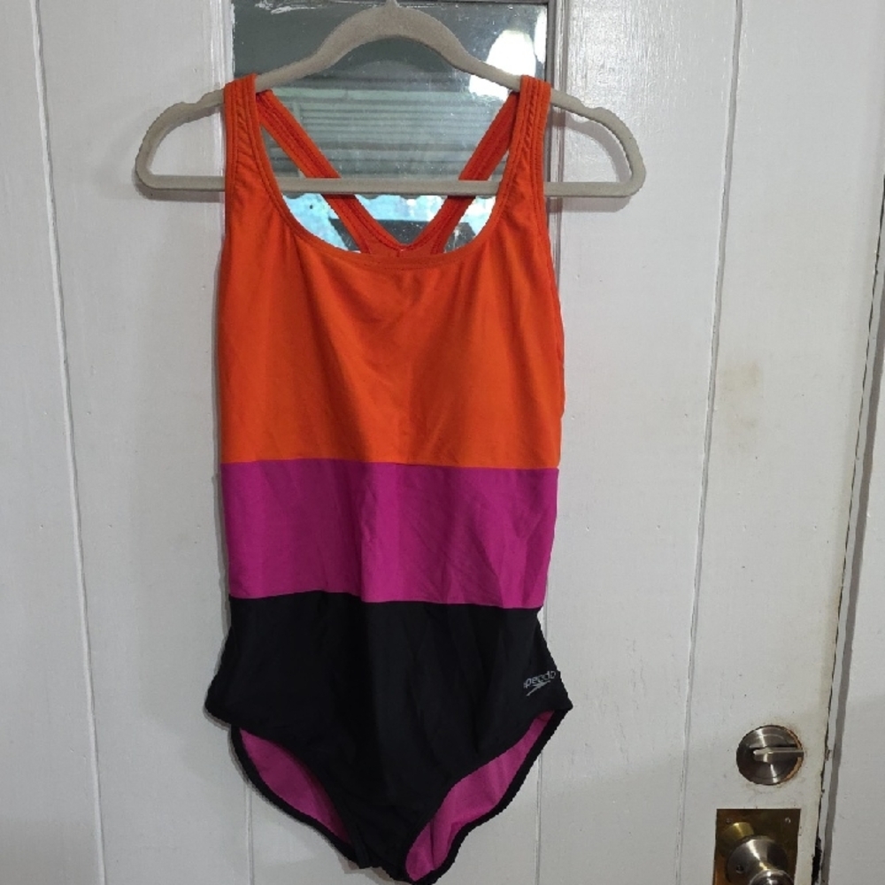 Speedo Women's Swimsuit One Piece Tank Colorblock Racerback Sz XL EUC
